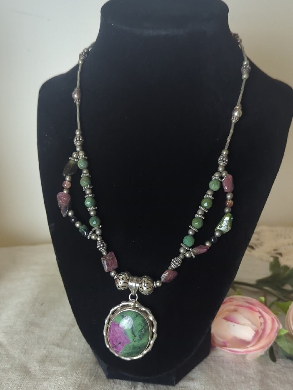Sterling Silver Ruby Zoisite Statement Necklace, Artisan Gemstone Pendant